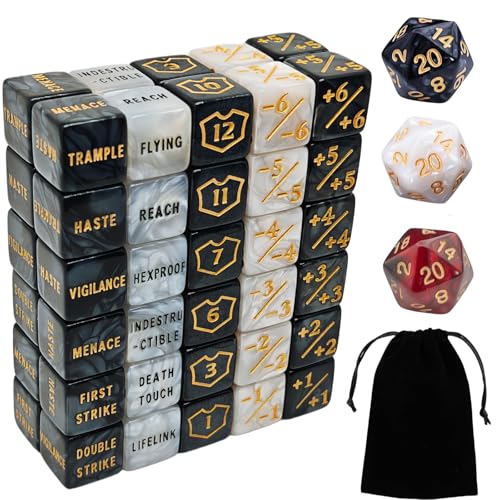 63 Stück MTG Würfel Zähler - AbilityKeyword Zähler, -1/+1 Lebenszähler, Schild Lebenszähler Würfel, D6 Würfel Würfel, Kompatibel mit MTG, Kartenspiel Zubehör (Inklusive Schwarzer Tasche) von ZEOXUER