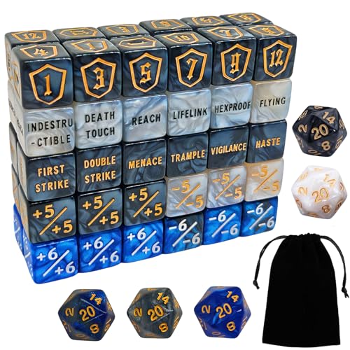65 Stück MTG Würfel Zähler - AbilityKeyword Zähler, -1/+1 Lebenszähler, Schild Lebenszähler, D6 Würfel, Kompatibel mit MTG, Kartenspiel Zubehör (Inklusive Schwarzer Tasche) von ZEOXUER