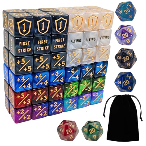 78 Stück MTG Würfel Zähler - AbilityKeyword Zähler, -1/+1 Lebenszähler, Schild Lebenszähler, D6 Würfel, Kompatibel mit MTG, Kartenspiel Zubehör (Inklusive Schwarzer Tasche) von ZEOXUER