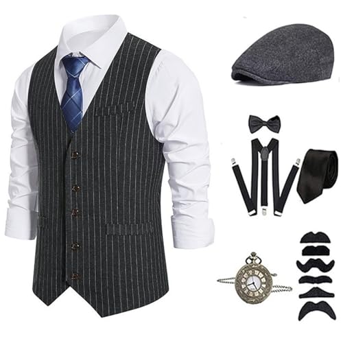 ZEPFJHE 1920er Herren Kostüm Roaring 20s Kostüme Zubehör Set Weste Taschenuhr Krawatte Hosenträger Halloween Cosplay Kostüm von ZEPFJHE