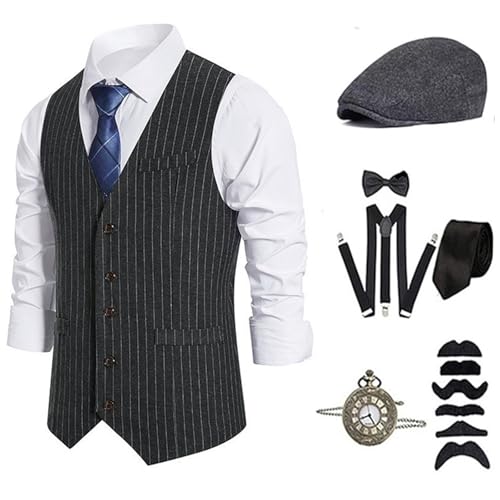 ZEPFJHE 1920er Herren Kostüm Roaring 20s Kostüme Zubehör Set Weste Taschenuhr Krawatte Hosenträger Halloween Cosplay Kostüm von ZEPFJHE