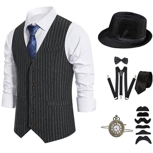 ZEPFJHE 1920er Herren Kostüm Roaring 20s Kostüme Zubehör Set Weste Taschenuhr Krawatte Hosenträger Halloween Cosplay Kostüm von ZEPFJHE