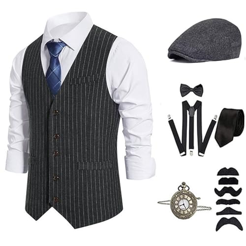 ZEPFJHE 1920er Herren Kostüm Roaring 20s Kostüme Zubehör Set Weste Taschenuhr Krawatte Hosenträger Halloween Cosplay Kostüm von ZEPFJHE