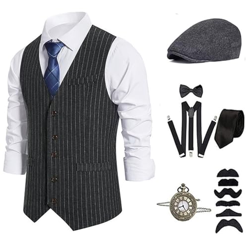ZEPFJHE 1920er Herren Kostüm Roaring 20s Kostüme Zubehör Set Weste Taschenuhr Krawatte Hosenträger Halloween Cosplay Kostüm von ZEPFJHE