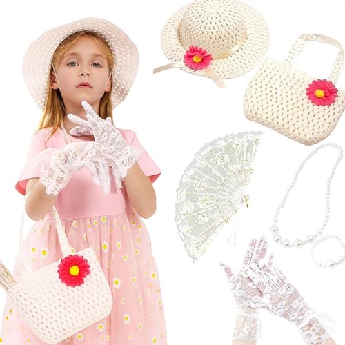 ZEPFJHE 7 Pieces Teas Partykleid Kostüme Und Spitzenhandschuh Und Imitationen Perlenkette Set Für Mädchen von ZEPFJHE