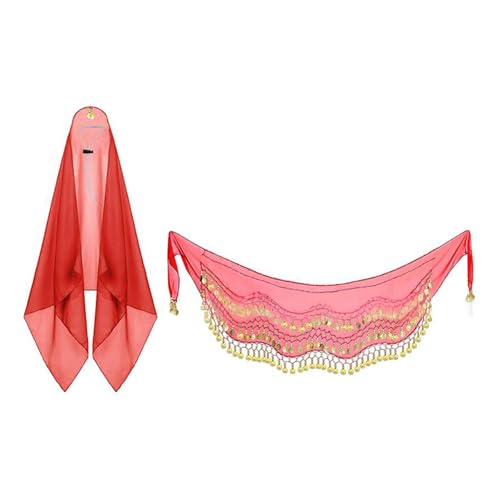 ZEPFJHE Bauchtanz-Outfits mit Hüftschal, Münze, Kopftuch, Gesichtsschleier für Damen, -Kostüm, Zubehör, Outfits für Damen, 2 Stück ZEPFJHE Bauchtanz-Outfits mit Hüftschal, Münze, Kopftuch, Gesichtsschleier für Damen, -Kostüm, Zubehör, Outfits für Damen, 2 Stück von ZEPFJHE