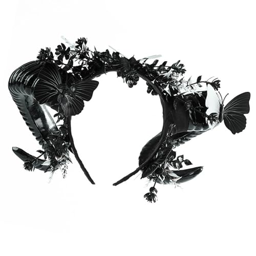 ZEPFJHE Elegantes, dunkles Rosen-verziertes Schafshorn-Haarband, bequem, leicht, Kopfbedeckung für Konzerte, Halloween und legere Anlässe, Halloween-Haarbänder mit Rosen von ZEPFJHE