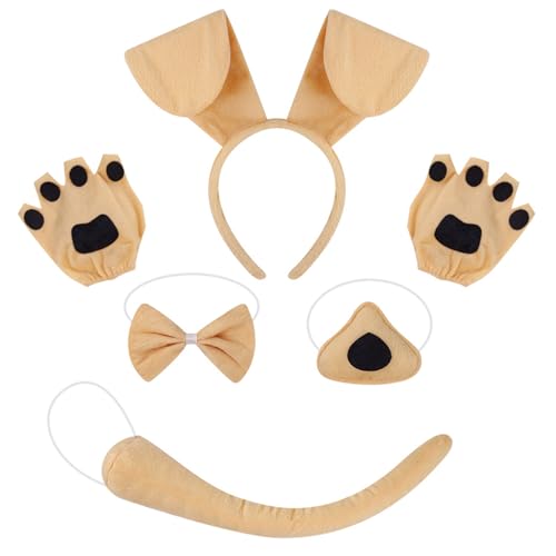 ZEPFJHE Kinder-Hunde-Kostüm-Set mit Ohren, Stirnband, Schwanz, Fliege, Nasenrock, Halloween, Tier-Outfit, Zubehör für Frauen und Mädchen, Party-Zubehör von ZEPFJHE