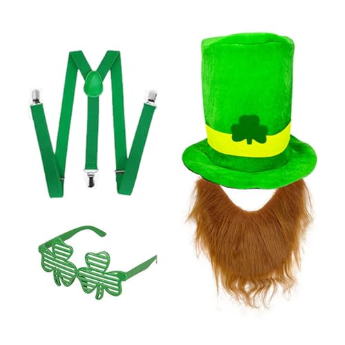 ZEPFJHE Set mit grünem Hut und Bart für irische Festival-Enthusiasten, bunte Kleeblatt-Brillen und Gürtel, Feiertage, Feier, Zubehör, grüner Kostümhut von ZEPFJHE