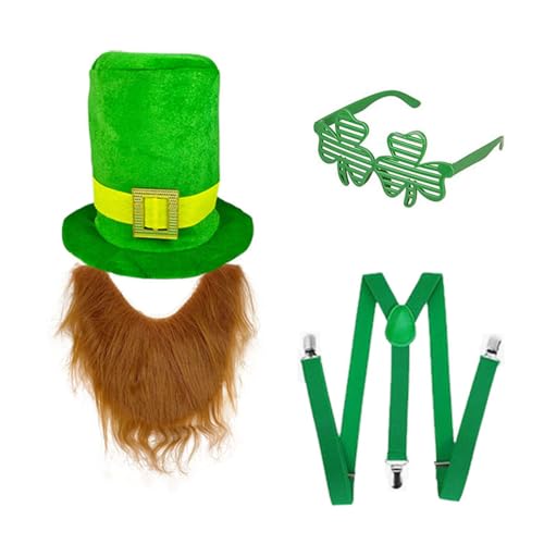 ZEPFJHE Set mit grünem Hut und Bart für irische Festival-Enthusiasten, bunte Kleeblatt-Brillen und Gürtel, Feiertage, Feier, Zubehör, grüner Kostümhut von ZEPFJHE