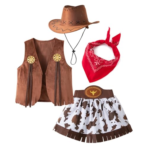 ZEPFJHE Western-Cowgirl-Kostüm, 4-teilig, für Mädchen, Party-Aufführungen, Halloween, Rollenspiele, Weste, Schal, Zubehör, Cowgirl-Kostüm-Set für Festivals, Events von ZEPFJHE