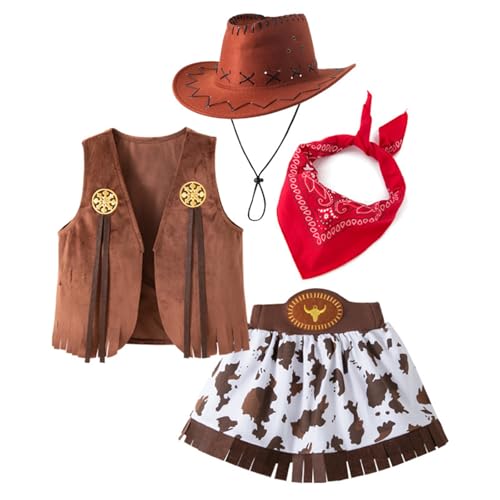 ZEPFJHE Western-Cowgirl-Kostüm, 4-teilig, für Mädchen, Party-Aufführungen, Halloween, Rollenspiele, Weste, Schal, Zubehör, Cowgirl-Kostüm-Set für Festivals, Events ZEPFJHE Western-Cowgirl-Kostüm, 4-teilig, für Mädchen, Party-Aufführungen, Halloween, Rollenspiele, Weste, Schal, Zubehör, Cowgirl-Kostüm-Set für Festivals, Events von ZEPFJHE