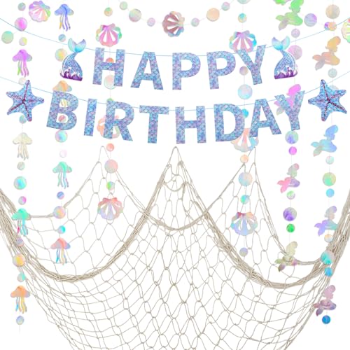ZERODECO Meerjungfrau Geburtstag Dekorationen - Irisierende Girlande, Happy Birthday Banner und Fischnetz für Thema Piraten Nautische Party von ZERODECO