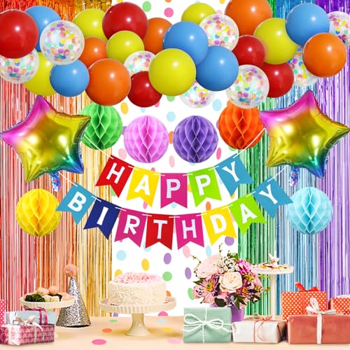 ZERODECO Mehrfarbig Geburtstag Dekorationen, Regenbogen Fransen Hintergrund Happy Birthday Banner Waben Kugeln Pompoms Folie Ballons für Bunte Geburtstag Party Dekorationen ZERODECO Mehrfarbig Geburtstag Dekorationen, Regenbogen Fransen Hintergrund Happy Birthday Banner Waben Kugeln Pompoms Folie Ballons für Bunte Geburtstag Party Dekorationen von ZERODECO