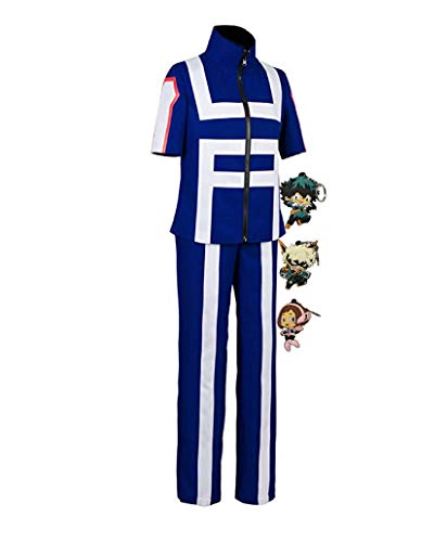 ZeroGoo Anime Mha Bnha Cosplay Halloween Kostüm Uniform, mit 3 Stück Deku Midoriya Bakugou Uraraka Schlüsselanhänger - Blau - X-Large von ZEROGOO