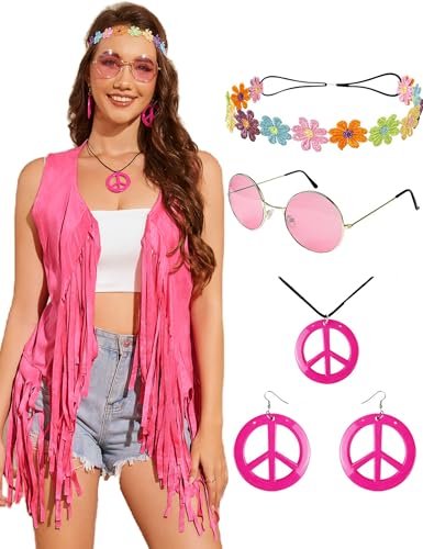 ZEXIGLAD 70er Jahre Outfits für Frauen Disco Hippie Kleidung Halloween Kostüm Frau Quaste Fransen Weste 60er Jahre Outfits mit Ohrring Stirnband Sonnenbrille Fransenweste Rosa XL von ZEXIGLAD