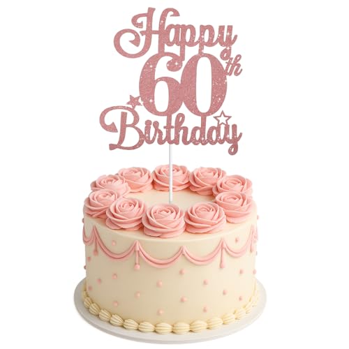 ZEYIYER Tortenaufsätze zum 60. Geburtstag, Roségold, "Happy 60th Birthday", Dekorationen für Frauen und Damen, 60 Jahre alt, Kuchenpicker für Partyzubehör von ZEYIYER