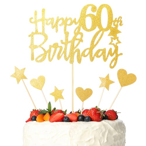 ZEYIYER Tortenaufsätze zum 60. Geburtstag, goldfarben, "Happy 60th Birthday", Kuchendekorationen für Frauen, 60 Jahre alte Geburtstagskuchen, Pick mit Sternherz für Partyzubehör ZEYIYER Tortenaufsätze zum 60. Geburtstag, goldfarben, "Happy 60th Birthday", Kuchendekorationen für Frauen, 60 Jahre alte Geburtstagskuchen, Pick mit Sternherz für Partyzubehör von ZEYIYER