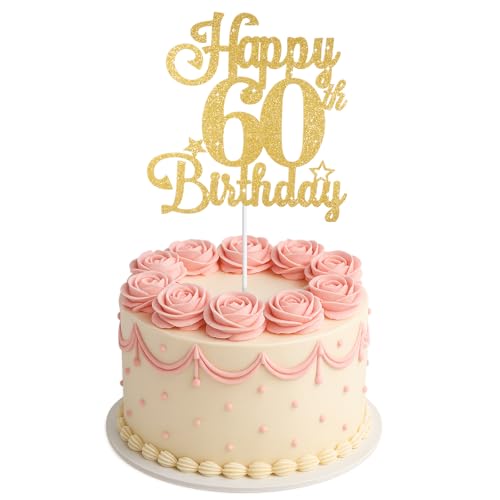 ZEYIYER Tortenaufsätze zum 60. Geburtstag, goldfarben, "Happy 60th Birthday"-Kuchendekoration, 60 Jahre alte Geburtstagskuchen, Pick, für Damen, Partyzubehör von ZEYIYER