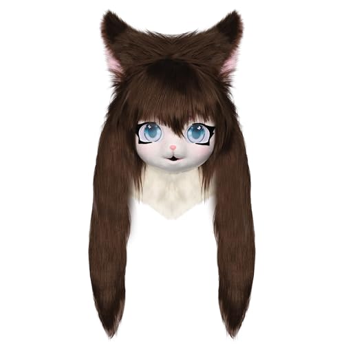ZFKJERS Cosplay Fursuit Kopfbedeckung Tierkopf Katze Maske Halloween Maskerade Erwachsene Kostüm Zubehör Set (Braun) von ZFKJERS