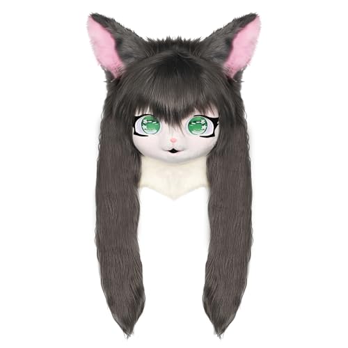 ZFKJERS Cosplay Fursuit Kopfbedeckung Tierkopf Katze Maske Halloween Maskerade Erwachsene Kostüm Zubehör Set (Grau) von ZFKJERS