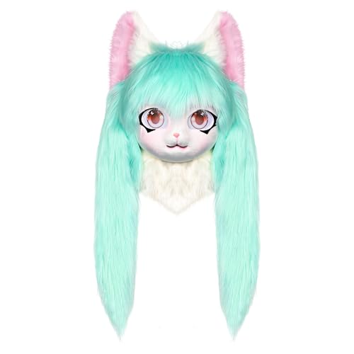 ZFKJERS Cosplay Fursuit Kopfbedeckung Tierkopf Katze Maske Halloween Maskerade Erwachsene Kostüm Zubehör Set (Grün) von ZFKJERS