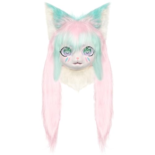 ZFKJERS Cosplay Fursuit Kopfbedeckung Tierkopf Katze Maske Halloween Maskerade Erwachsene Kostüm Zubehör Set (Rosa) von ZFKJERS