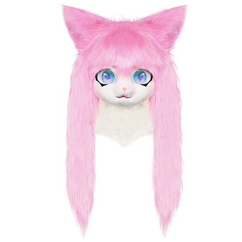 ZFKJERS Cosplay Fursuit Kopfbedeckung Tierkopf Katze Maske Halloween Maskerade Erwachsene Kostüm Zubehör Set (Rose Red) von ZFKJERS