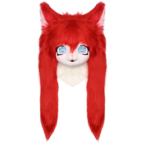 ZFKJERS Cosplay Fursuit Kopfbedeckung Tierkopf Katze Maske Halloween Maskerade Erwachsene Kostüm Zubehör Set (Rot) von ZFKJERS