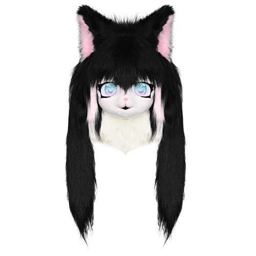 ZFKJERS Cosplay Fursuit Kopfbedeckung Tierkopf Katze Maske Halloween Maskerade Erwachsene Kostüm Zubehör Set (Schwarz) von ZFKJERS