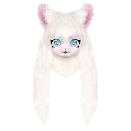 ZFKJERS Cosplay Fursuit Kopfbedeckung Tierkopf Katze Maske Halloween Maskerade Erwachsene Kostüm Zubehör Set (Weiß) von ZFKJERS
