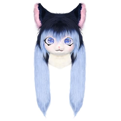 ZFKJERS Cosplay Fursuit Kopfbedeckung Tierkopf Katzenmaske Halloween Maskerade Erwachsene Kostüm Zubehör Set (Dark Blue) von ZFKJERS