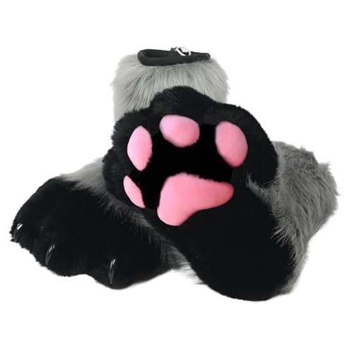 ZFKJERS Cosplay Tier Katze Kunststoff Krallen für Pelzfüße Pfotenschuhe Pelzpfote Hausschuhe Erwachsene Kostüm Zubehör Set (Grau) von ZFKJERS