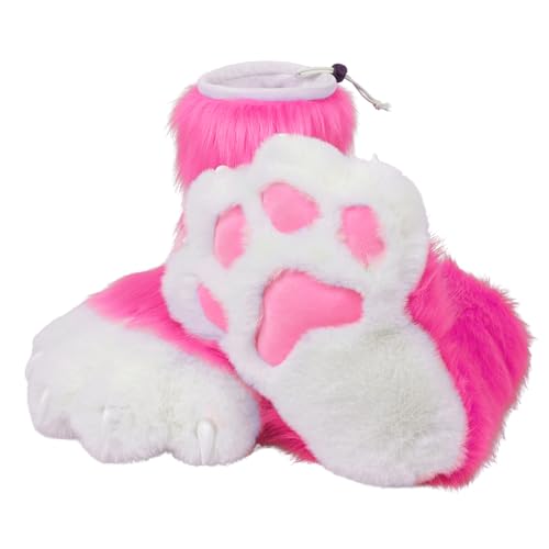 ZFKJERS Cosplay Tierkatze Kunststoffkrallen für Fursuit Füße Pfotenschuhe Pelzige Pfotenpantoffeln Erwachsene Kostüm Zubehör Set (Rose-Red) von ZFKJERS