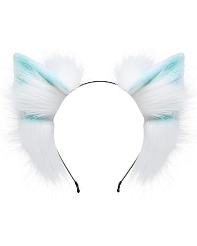 ZFKJERS Handgefertigtes Katzenohren-Stirnband, pelziges Plüsch-Tierohr-Stirnband für Cosplay-Kostüm, Halloween, Party-Outfit (Türkis) von ZFKJERS