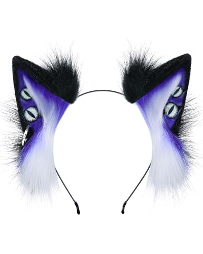 ZFKJERS Handgefertigtes Stirnband mit Dämonenwolfohren, pelziges Tierohren-Stirnband für Kostümparty, Halloween, Cosplay-Zubehör (Blau) von ZFKJERS