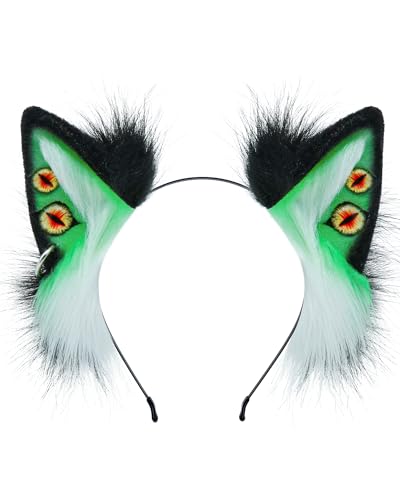 ZFKJERS Handgefertigtes Stirnband mit Dämonenwolfohren, pelziges Tierohren-Stirnband für Kostümparty, Halloween, Cosplay-Zubehör (Grün) von ZFKJERS