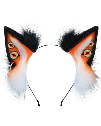 ZFKJERS Handgefertigtes Stirnband mit Dämonenwolfohren, pelziges Tierohren-Stirnband für Kostümparty, Halloween, Cosplay-Zubehör (Orange) von ZFKJERS