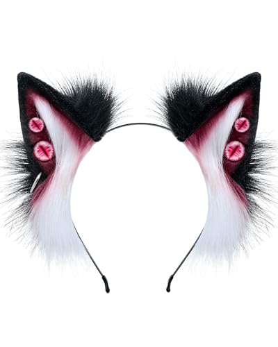 ZFKJERS Handgefertigtes Stirnband mit Dämonenwolfohren, pelziges Tierohren-Stirnband für Kostümparty, Halloween, Cosplay-Zubehör (Rot) von ZFKJERS