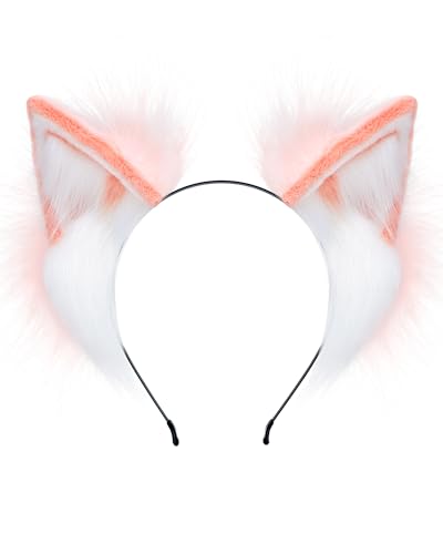ZFKJERS Handgefertigtes Fell Fuchs Katzenohren Stirnband Fursuit Kopfbedeckung Cosplay Kostüm Party Zubehör (Rosa Weiß) von ZFKJERS
