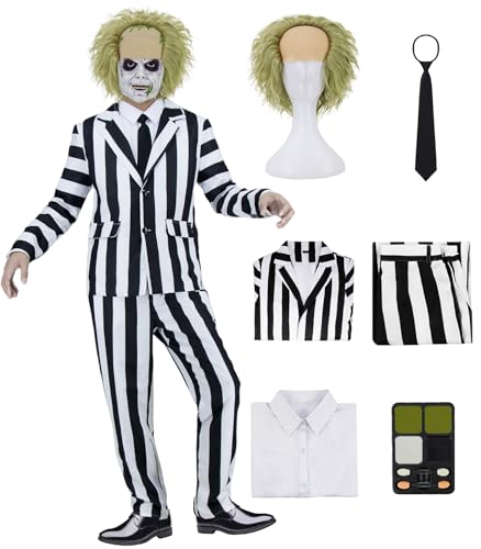 Gruselige Halloween-Kostüme für Erwachsene, schwarz-weiß gestreifter Anzug, 80er-Jahre-Horror-Komödie, Cosplay-Outfit-Set mit Perücke, Make-up-Set, Hemd-Krawatte ZF040-3XL Gruselige Halloween-Kostüme für Erwachsene, schwarz-weiß gestreifter Anzug, 80er-Jahre-Horror-Komödie, Cosplay-Outfit-Set mit Perücke, Make-up-Set, Hemd-Krawatte ZF040-3XL von ZFQI