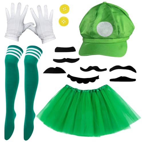 13 PCS Bros Kostüm Zubehör,brothers kostüm damen,Grün Hut Kappen,Handschuhe Bart Gelbe Knöpfe Socken Puffy Tutu,Kindheitshelden Klassische Cosplay Karneval Fasching Party Verkleidung Kostüm (B) von ZGCXRTO