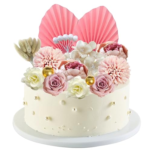 14 Stück Boho Kuchendekoration, Boho Kuchen Topper, mit Palmenblätter Tortendeko Dekoration Rose Blumen und Goldenen Kugeln für Hochzeit Geburtstag Baby Shower Party Zubehör von ZGCXRTO