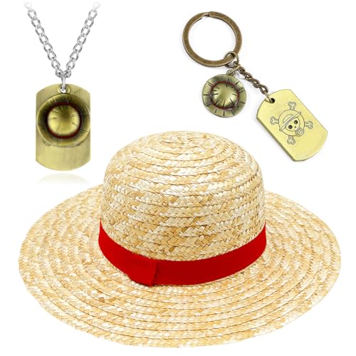 3 PCS One P Hut onnenhut,Schlüsselanhänger Piratenhut,Halskette Kapitän der Piraten,Strohhut Sommerhut Sonnenhut,Halskette Armbänder Anime Schmuck,Anime Manga Cosplay Karneval Festival (A-35CM) von ZGCXRTO