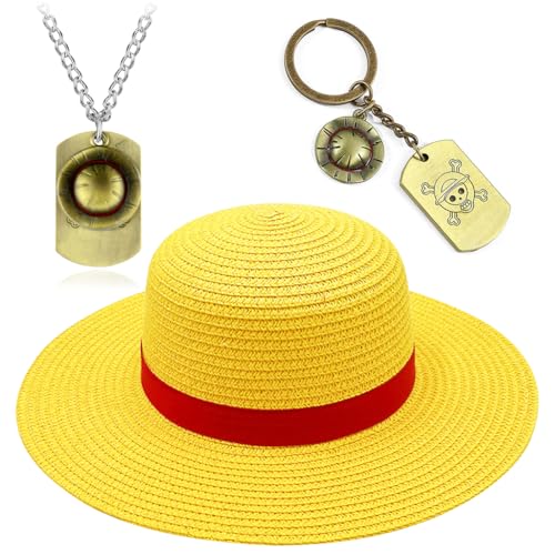 3 PCS One P Hut onnenhut,Schlüsselanhänger Piratenhut,Halskette Kapitän der Piraten,Strohhut Sommerhut Sonnenhut,Halskette Armbänder Anime Schmuck,Anime Manga Cosplay Karneval Festival (C-35CM) von ZGCXRTO