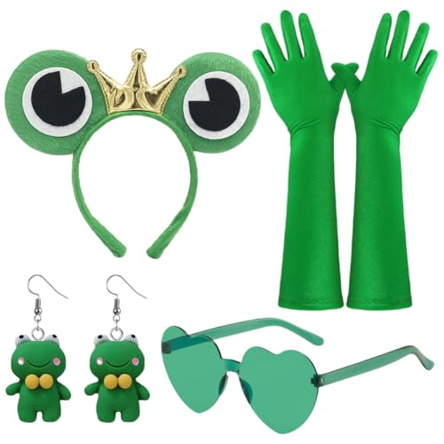 ZGCXRTO 4 Stück Frosch Kostüm Erwachsene Kinder,Frosch Ohrringe,Grün Herz Sonnenbrille Handschuhe,Frosch Haarschmuck,Für Geburtstag,Halloween,Fasching Karneval Motto Party Kostüm von ZGCXRTO