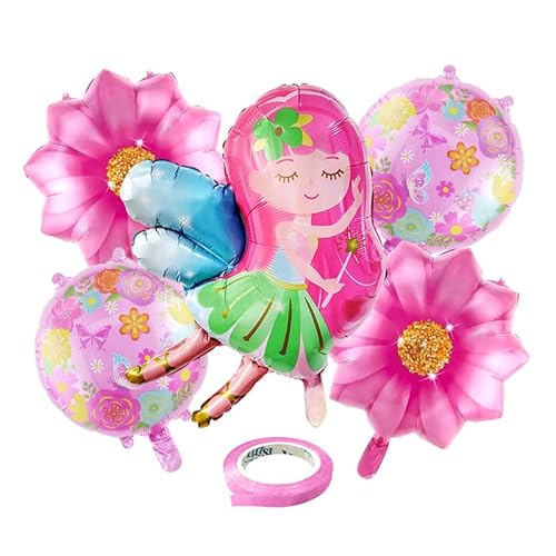 Fee Folienballon, 5 Stück Folien-Ballon Pink, Blumenförmige Aluminiumfolien-Ballons, süße Flügelfee Helium Ballon, Luftballon Set, für Mädchen Geburtstag Party Deko von ZGCXRTO