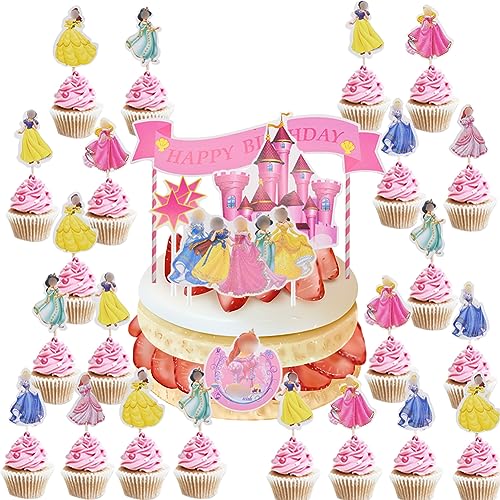 Princesses Cake Toppers,30 Stück Princess Cupcake Toppers für Kinder,Princess Cupcake Toppers,Prinzessinnen Cartoon Kuchendeckel,Prinzessinnen Themenparty Kuchen Dekoration von ZGCXRTO