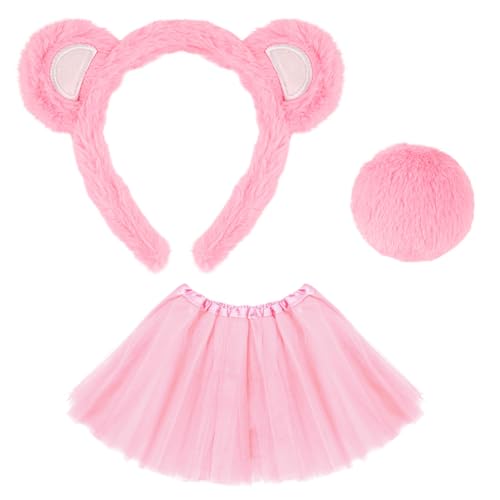 ZGCXRTO 3er Set Tier Kostüm Zubehör Bären Bärenkostüm Verkleiden Sie Tierohren-stirnband Cosplay Bär Ohr Stirnband Tutu-rock Für Mädchen Requisiten(Rosa) von ZGCXRTO