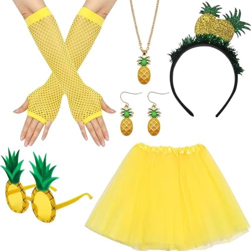ZGCXRTO 6 Stück Ananas Kostüm Set,Obst Schmuckset Mit Ananas Anhänger,Ananas Haarband und Gläser,Damen Frucht Faschingskostüme,Hawaii Kostüm Accessoire, Ananas Party für Karneval (yellow) von ZGCXRTO